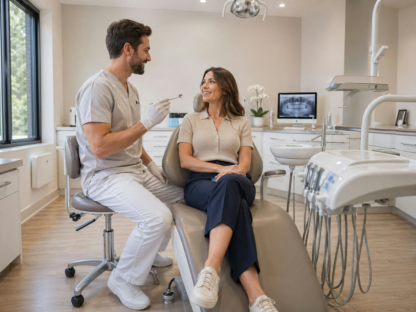 Dentist speaking with a patient in a bright modern dental office